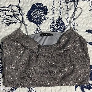 Silver sequin cowl neck top